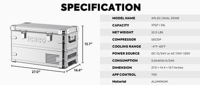 APL35 Dual Zone Aluminum Silver Fridge | ICECO | 35 LT