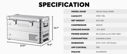 APL35 Dual Zone Aluminum Silver Fridge | ICECO | 35 LT